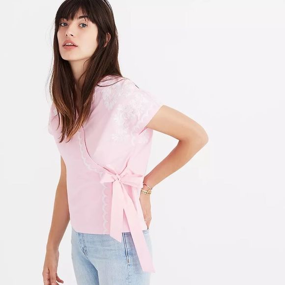 Madewell Embroidered Side-Tie Wrap Top in Pink Cotton - Picture 1 of 13